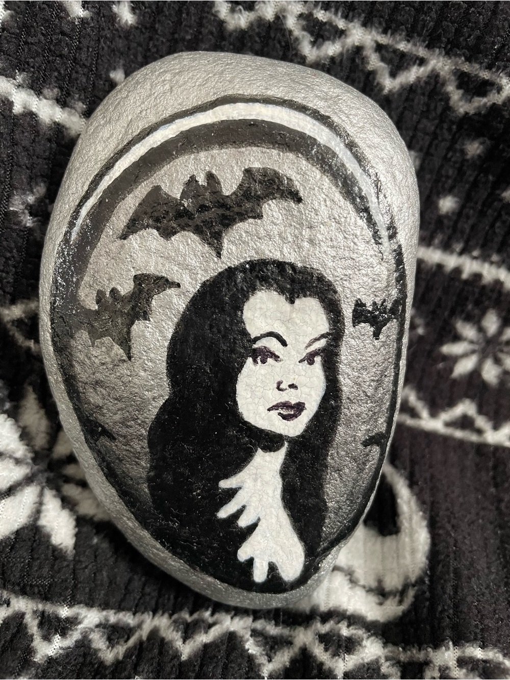 Hand-Painted Halloween Gothic Woman & Bats Stone - Black & Silver